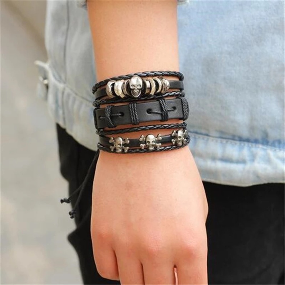 6 Pcs Set Punk Rock Skull Braided Leather Rope Bracelets - Picture 3 of 15